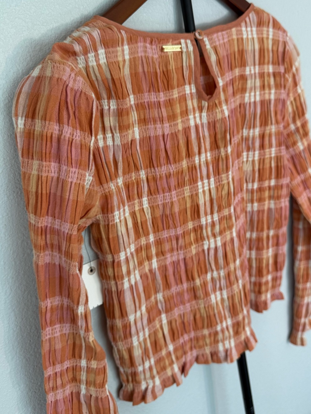 Billabong NWT Check Me Out Long Sleeve Smocked Crop Top Sunburnt Women Size M - Picture 12 of 15